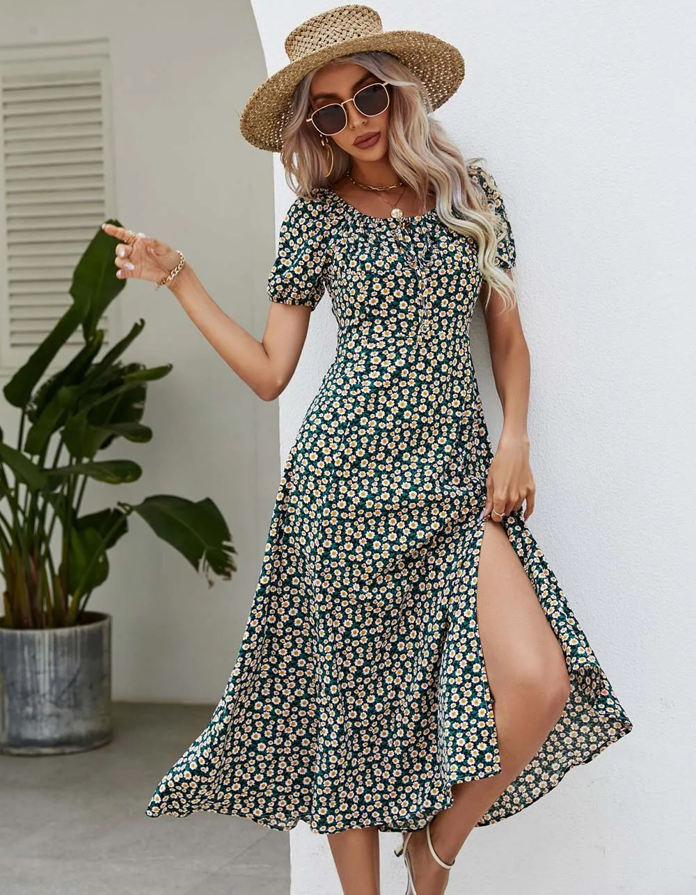 Disty Floral U Neck Slits Short Sleeve Midi A-line Dresses