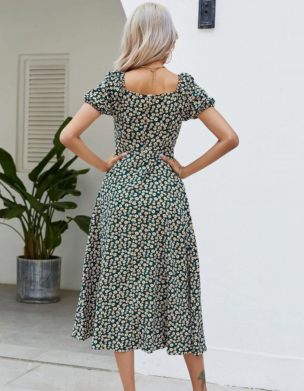 Disty Floral U Neck Slits Short Sleeve Midi A-line Dresses