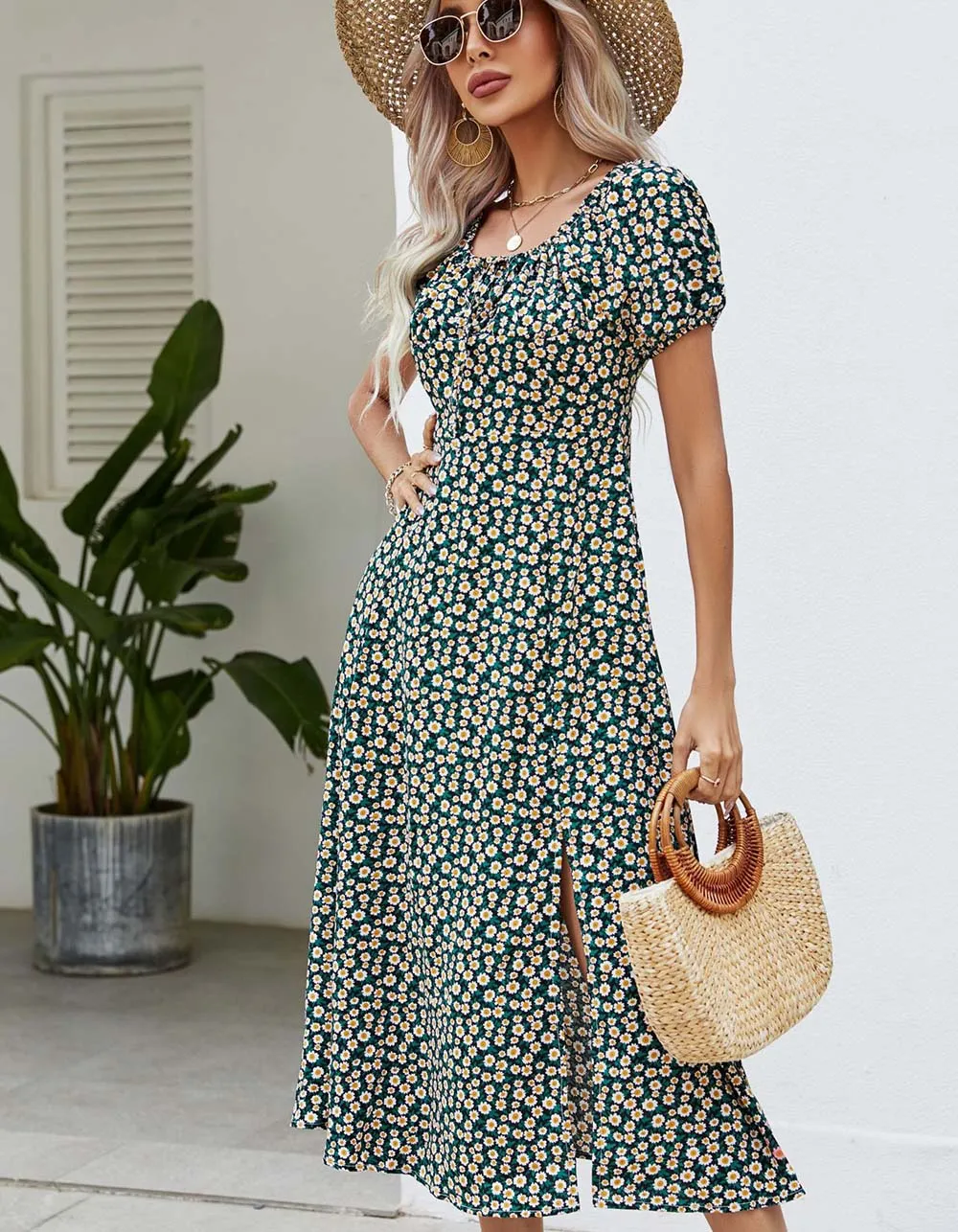 Disty Floral U Neck Slits Short Sleeve Midi A-line Dresses