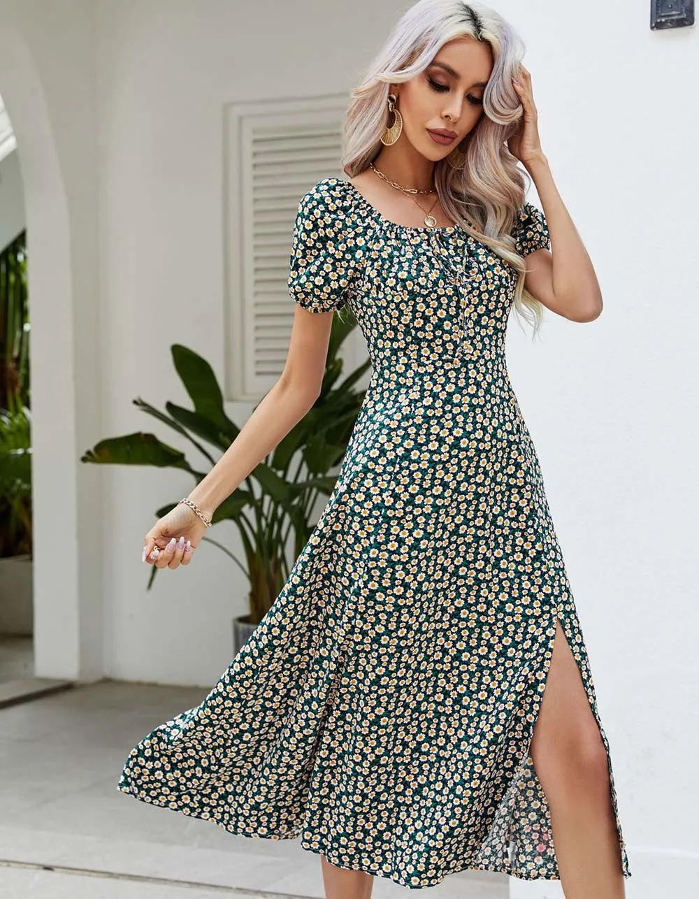 Disty Floral U Neck Slits Short Sleeve Midi A-line Dresses