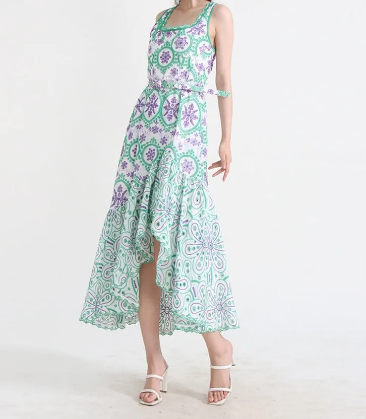 Embroidered Design Stylish Frill Midi Dress