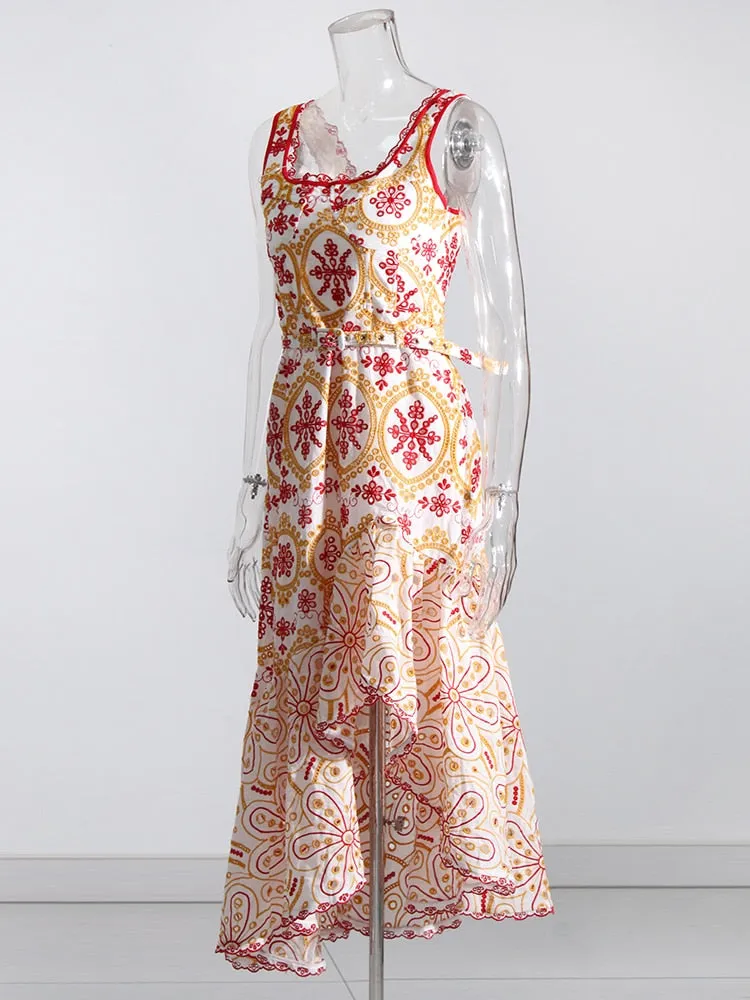 Embroidered Design Stylish Frill Midi Dress