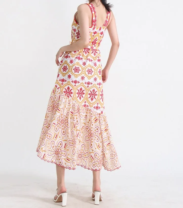 Embroidered Design Stylish Frill Midi Dress