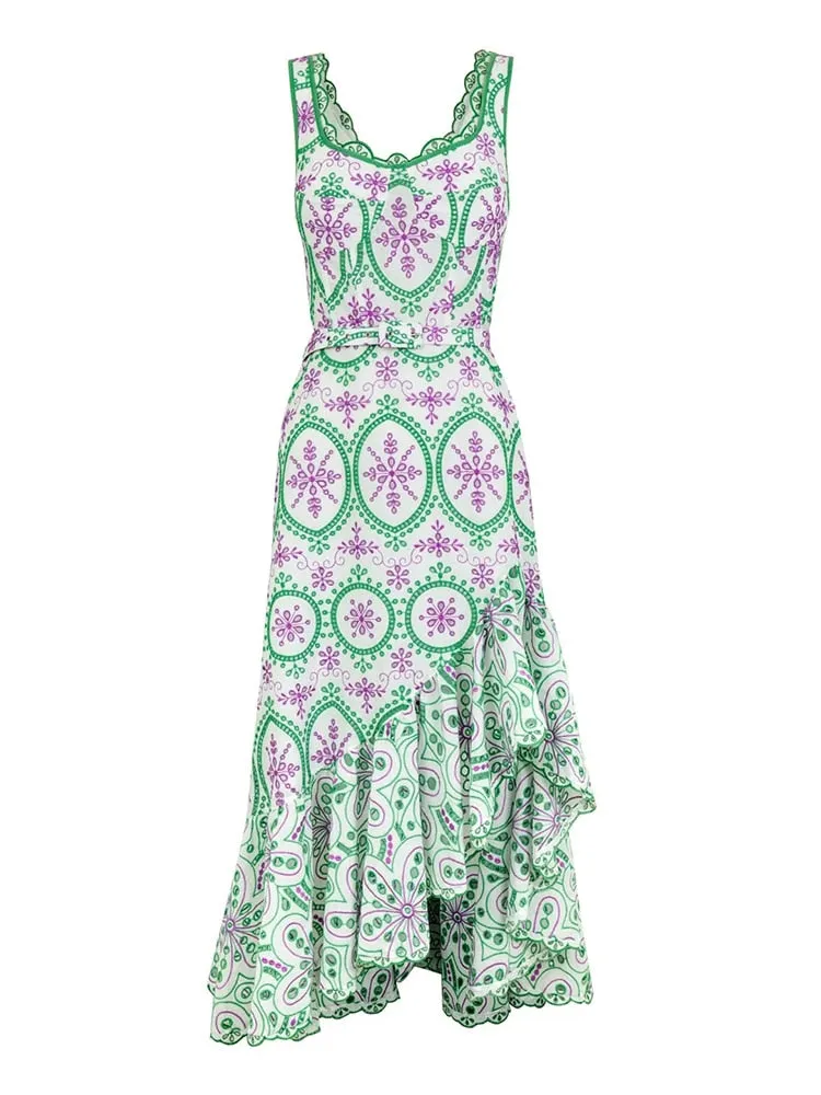 Embroidered Design Stylish Frill Midi Dress