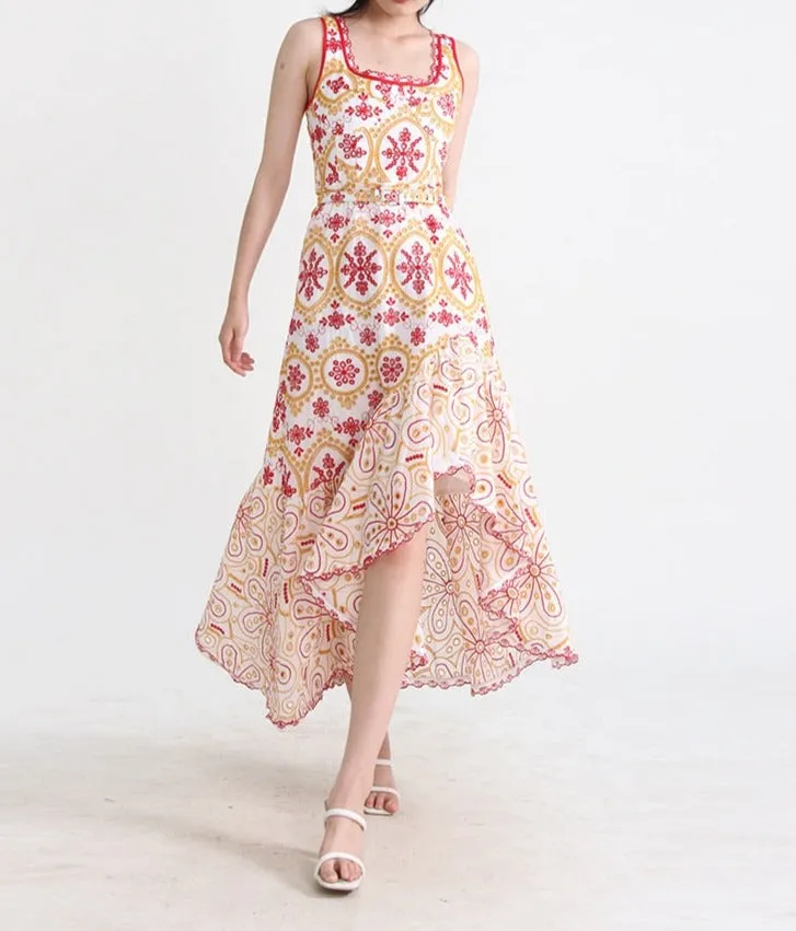 Embroidered Design Stylish Frill Midi Dress