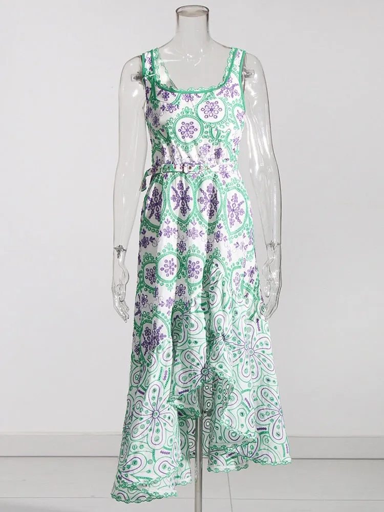 Embroidered Design Stylish Frill Midi Dress
