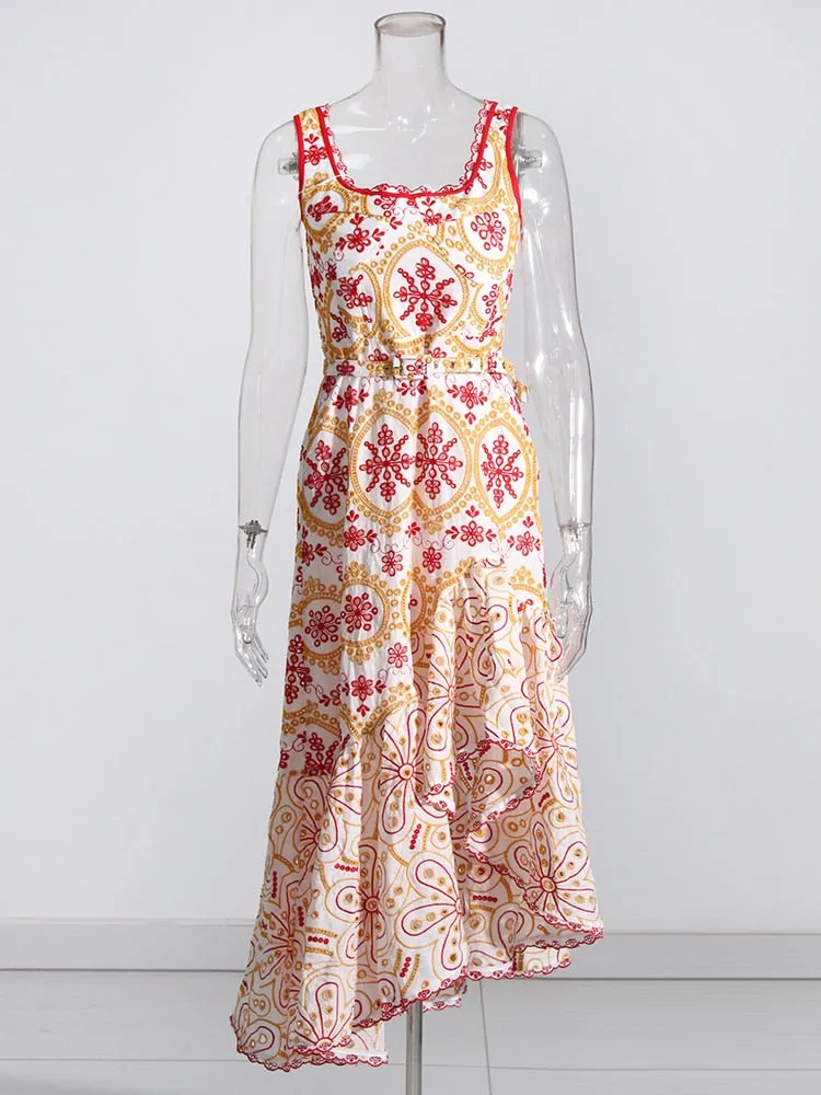 Embroidered Design Stylish Frill Midi Dress