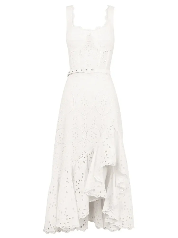 Embroidered Design Stylish Frill Midi Dress
