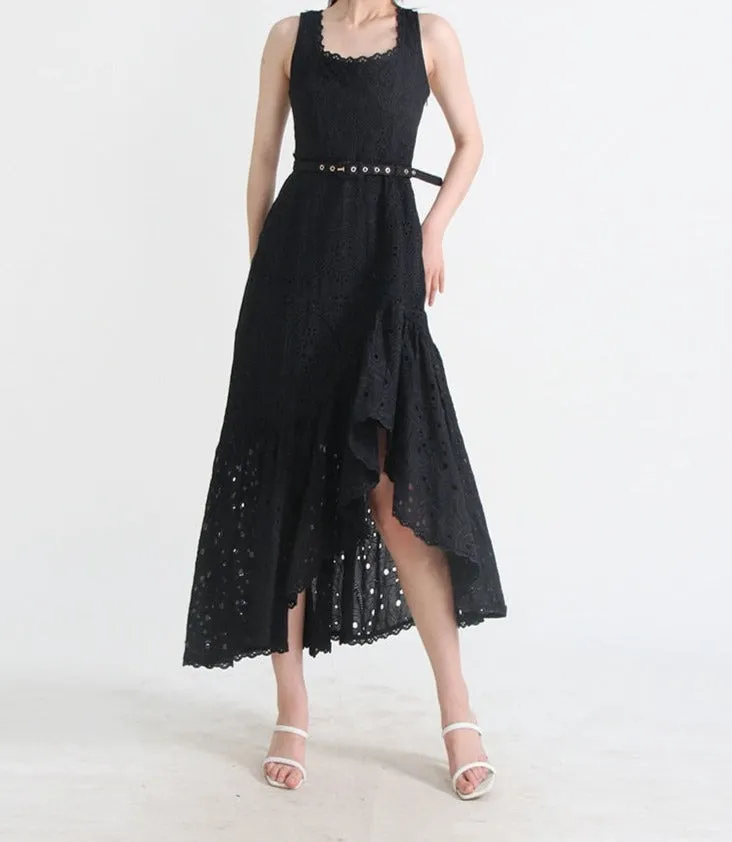 Embroidered Design Stylish Frill Midi Dress
