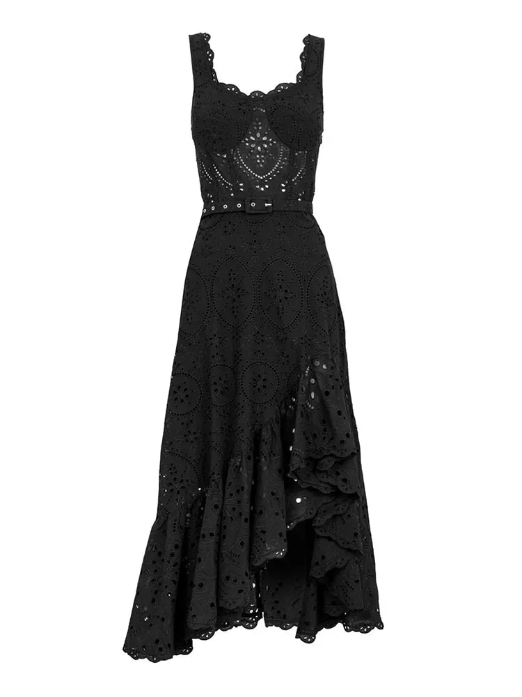 Embroidered Design Stylish Frill Midi Dress