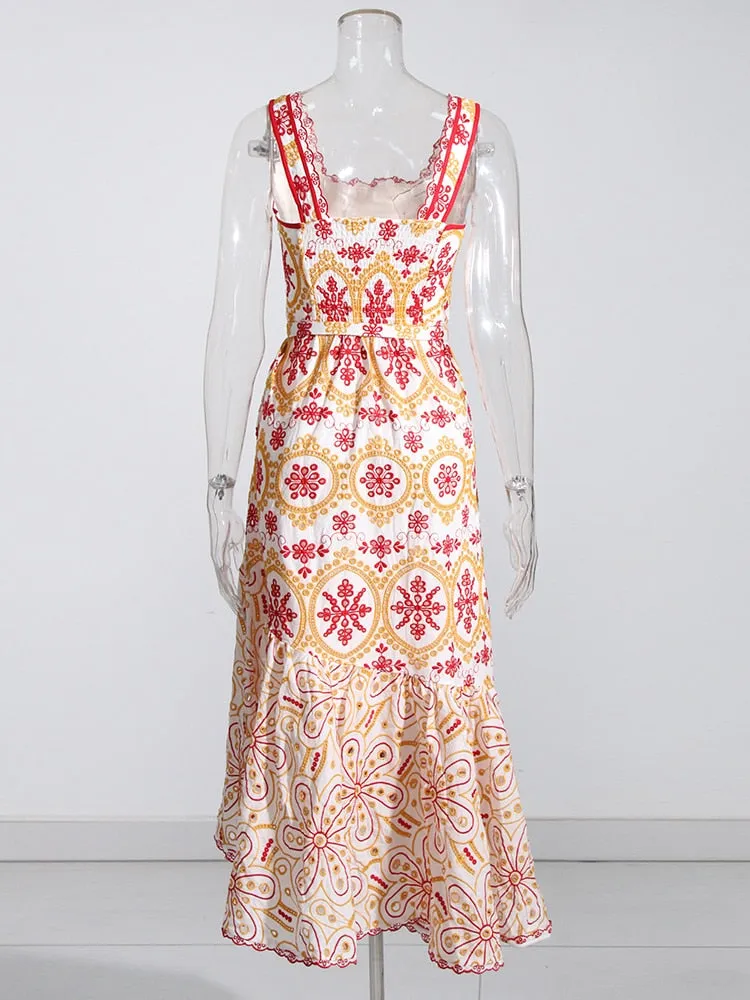 Embroidered Design Stylish Frill Midi Dress