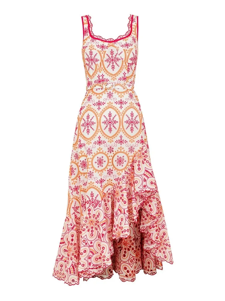 Embroidered Design Stylish Frill Midi Dress