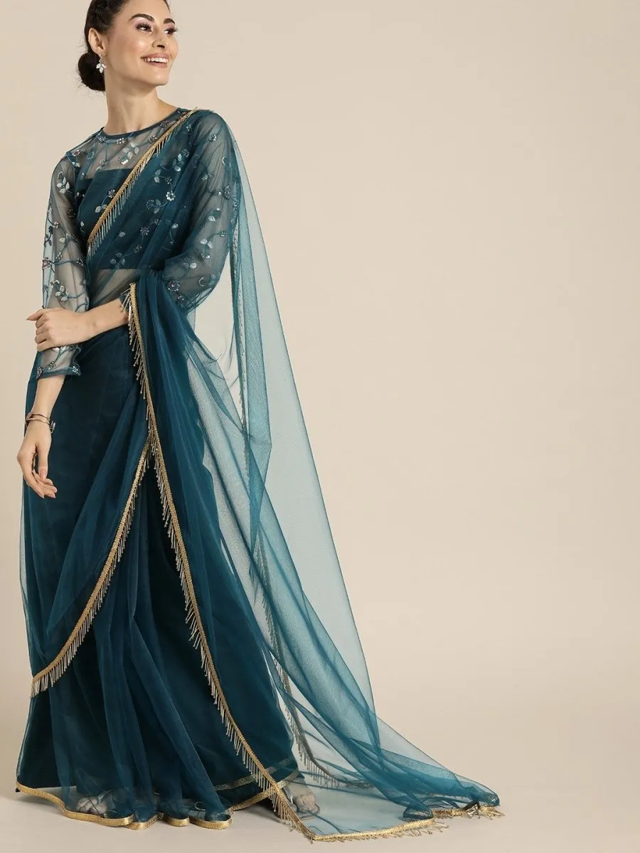 Embroidered Teal Net Partywear Saree