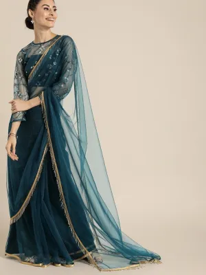 Embroidered Teal Net Partywear Saree