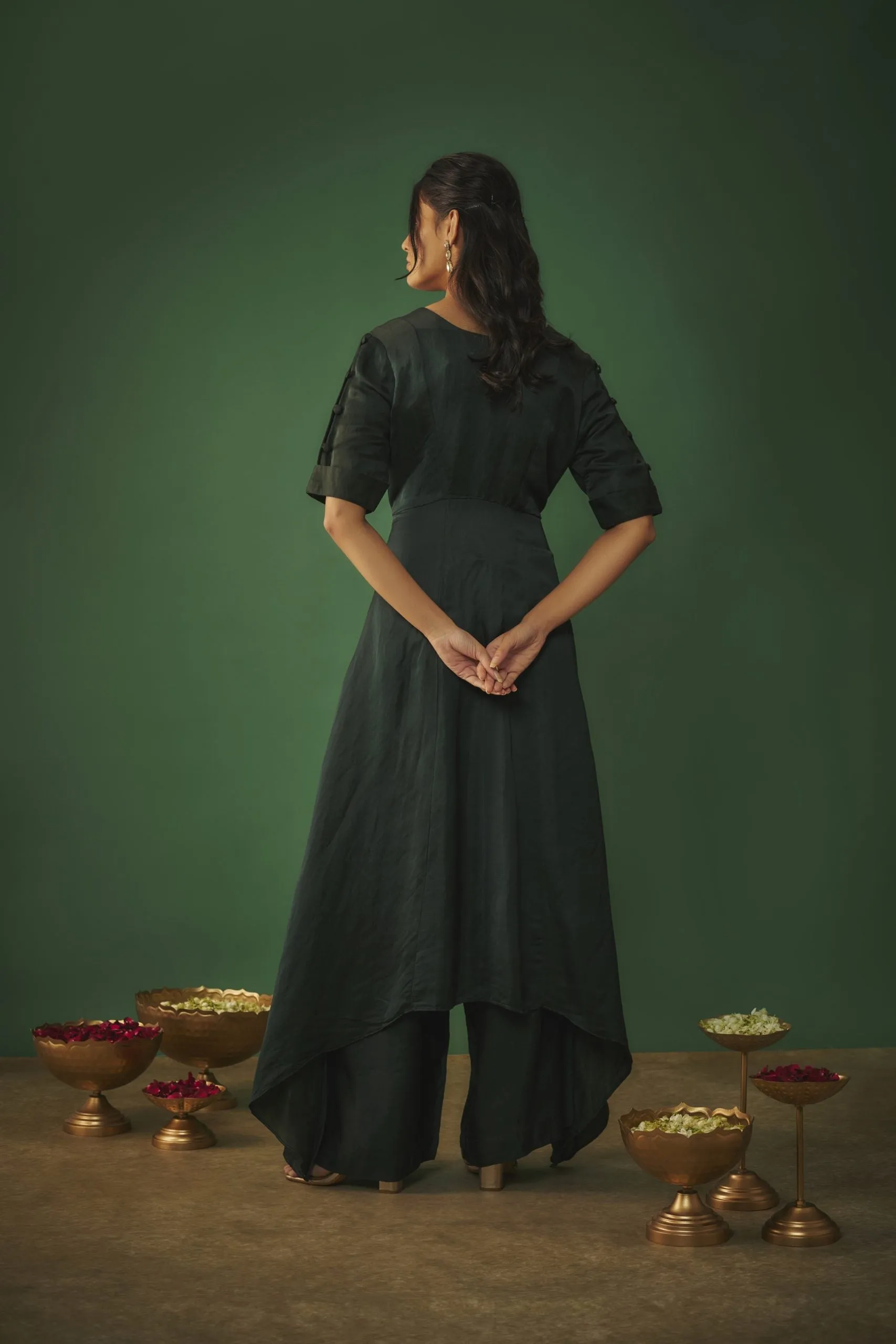 EMERALD GREEN MIRROR WORK EMBROIDERED KURTA PANT SET