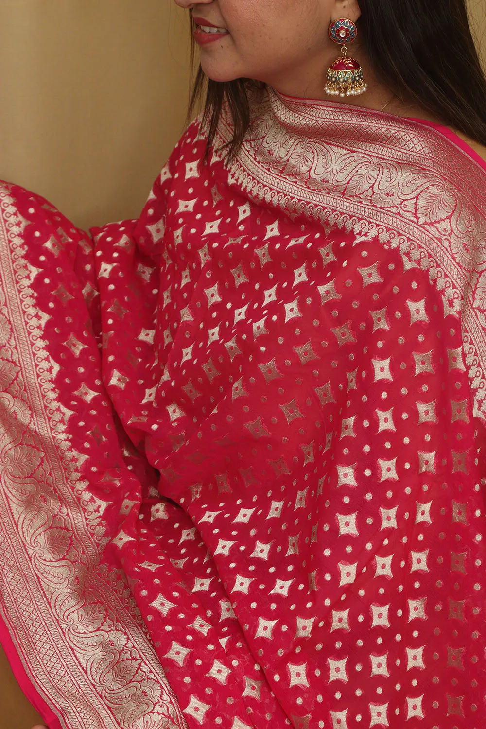 Exquisite Pink Banarasi Handloom Pure Georgette Dupatta
