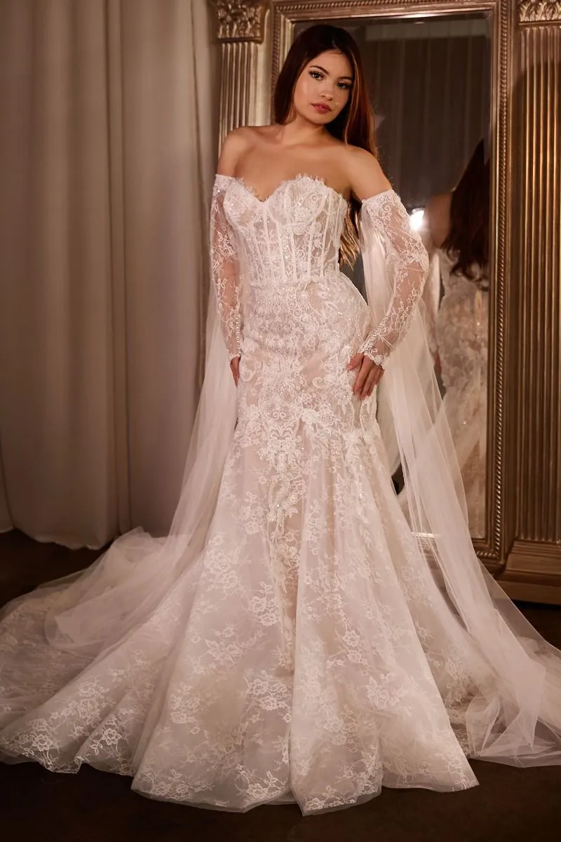 FITTED LACE MERMAID GOWN WITH SLEEVES CDCDS424W