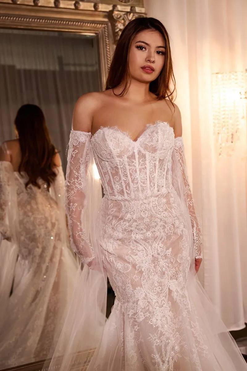 FITTED LACE MERMAID GOWN WITH SLEEVES CDCDS424W
