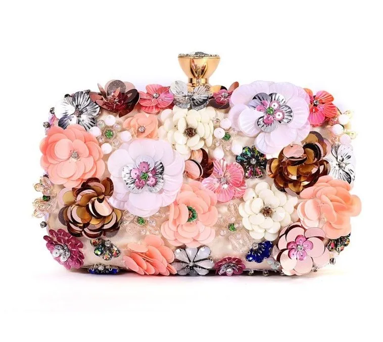 Floral Crafted Champange Satin Clutch Bag