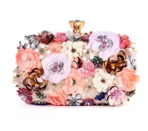 Floral Crafted Champange Satin Clutch Bag