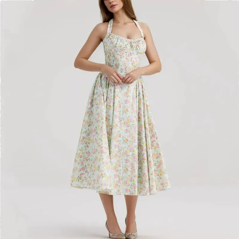 Floral Print Stylish Corset Midi Dress