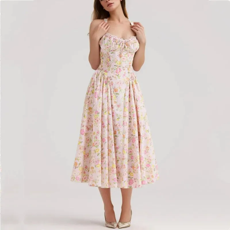 Floral Print Stylish Corset Midi Dress