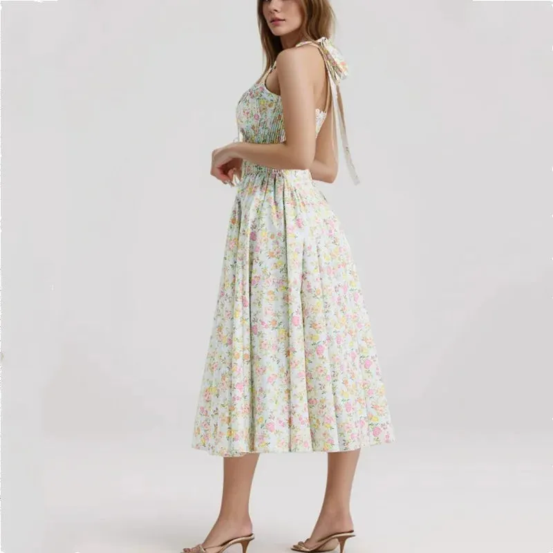 Floral Print Stylish Corset Midi Dress