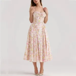 Floral Print Stylish Corset Midi Dress