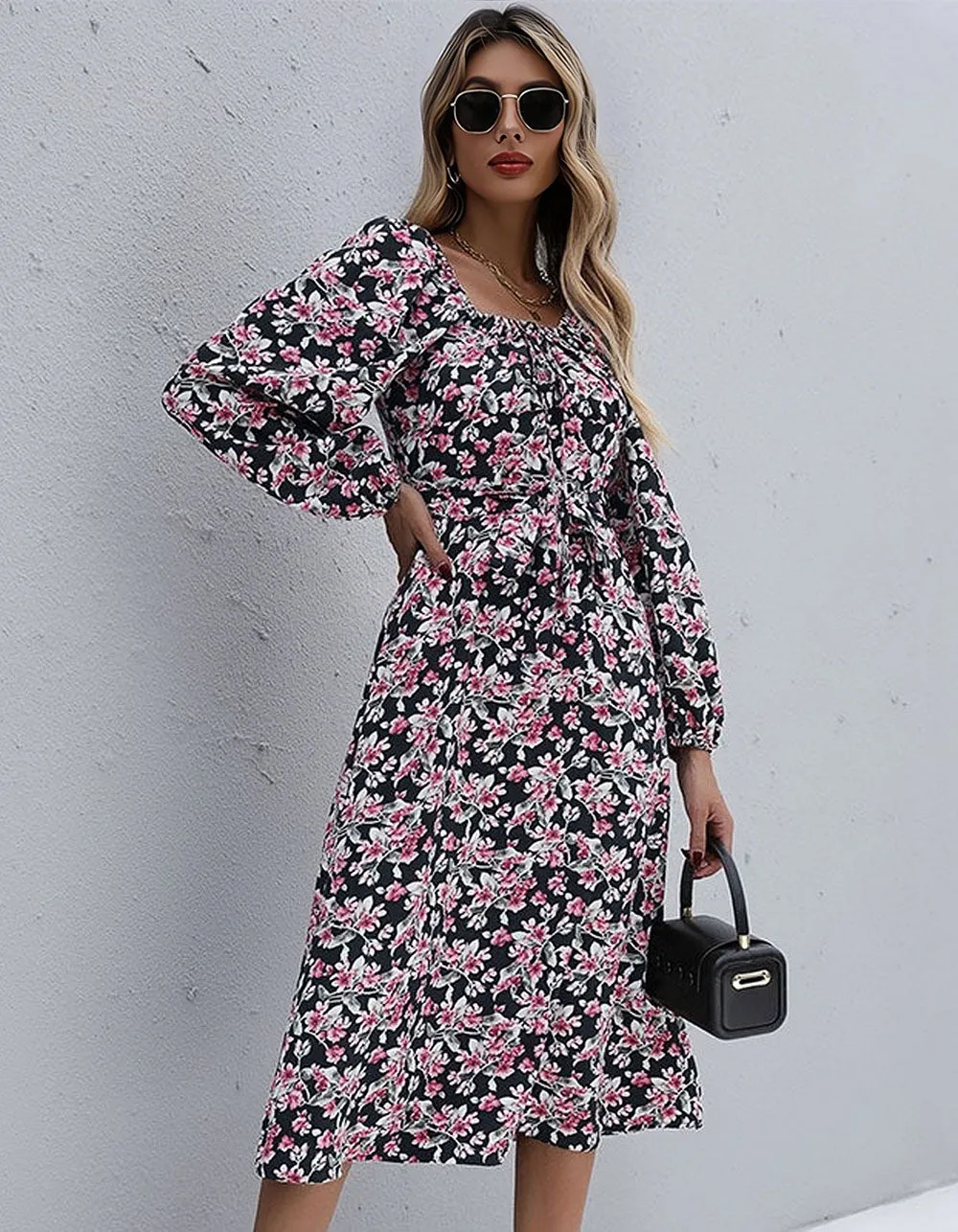 Floral Printed Square Neck Backless Long Sleeve High Waist Long A-Line Dresses
