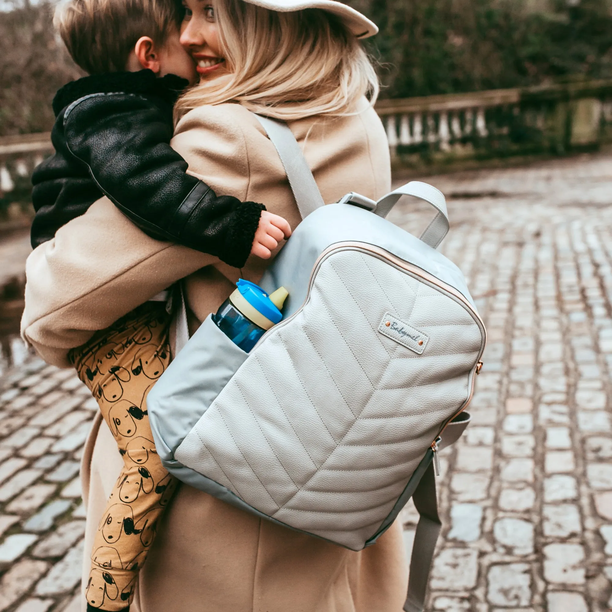 Gabby Backpack Nappy Bag with Vegan Faux Leather - Pale Grey