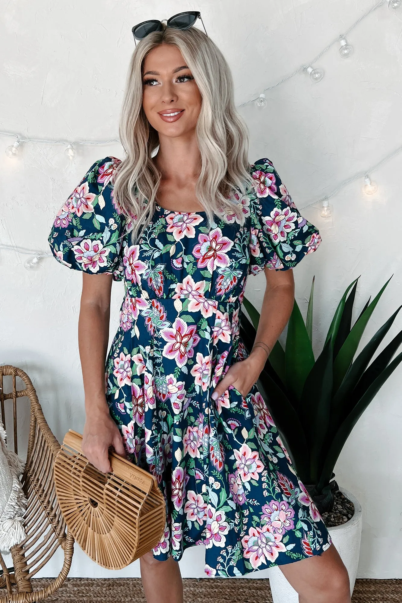 Graceful Blooms Floral Mini Dress (Navy)
