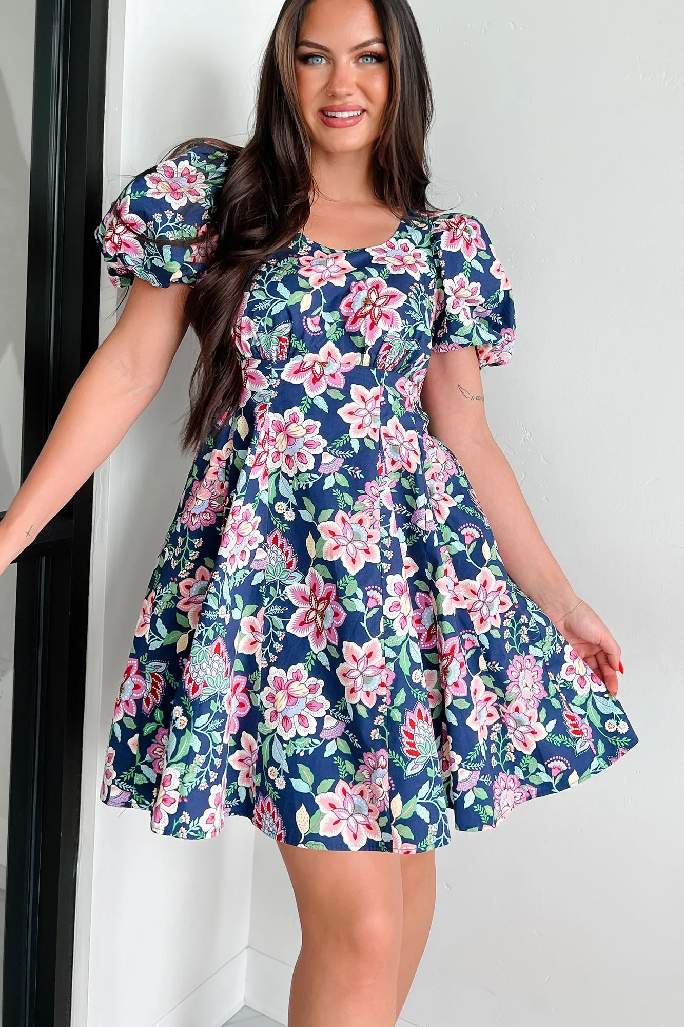 Graceful Blooms Floral Mini Dress (Navy)