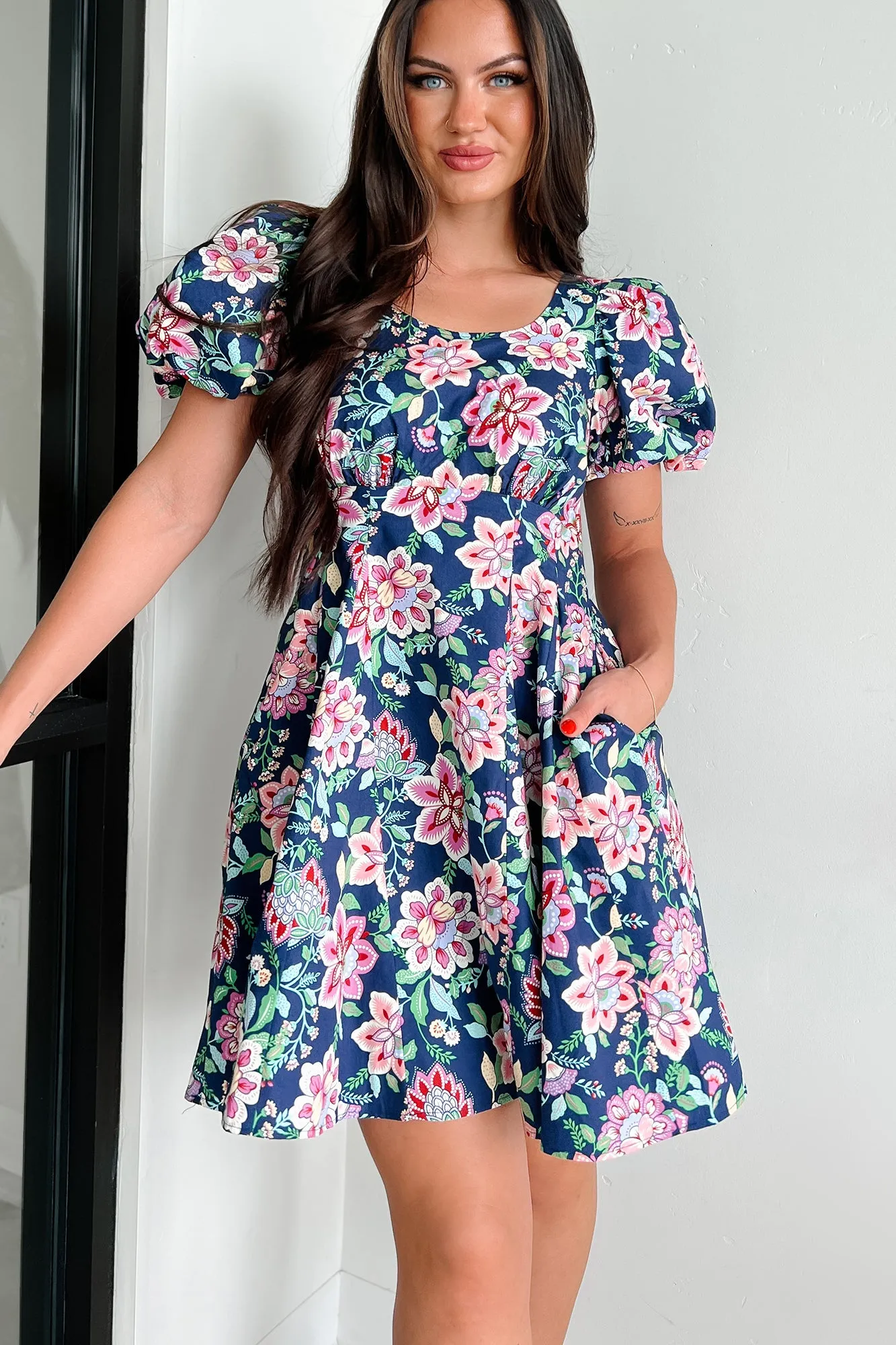 Graceful Blooms Floral Mini Dress (Navy)