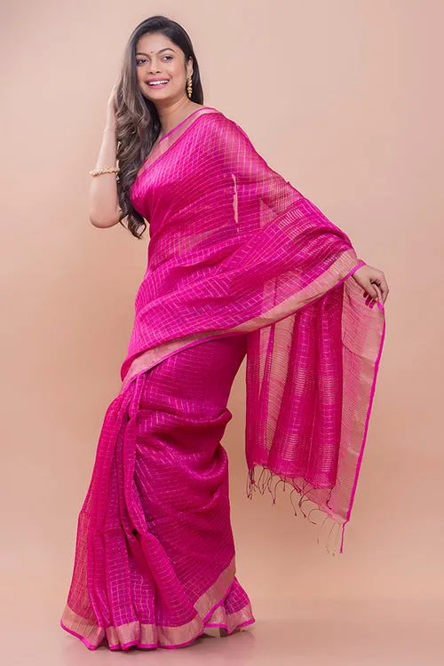 Graceful Elegance. Soft Bengal Handwoven Linen Silk Zari Sari - Magenta & Silver