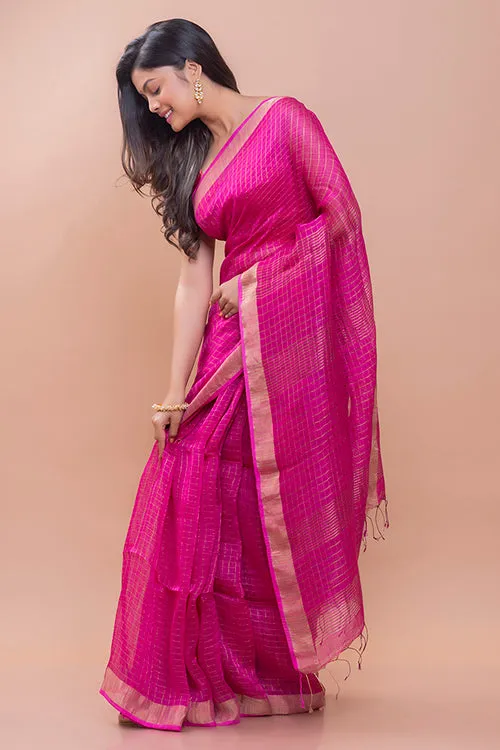 Graceful Elegance. Soft Bengal Handwoven Linen Silk Zari Sari - Magenta & Silver