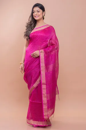 Graceful Elegance. Soft Bengal Handwoven Linen Silk Zari Sari - Magenta & Silver