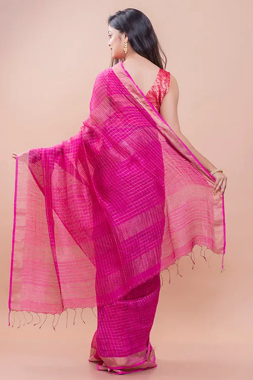 Graceful Elegance. Soft Bengal Handwoven Linen Silk Zari Sari - Magenta & Silver