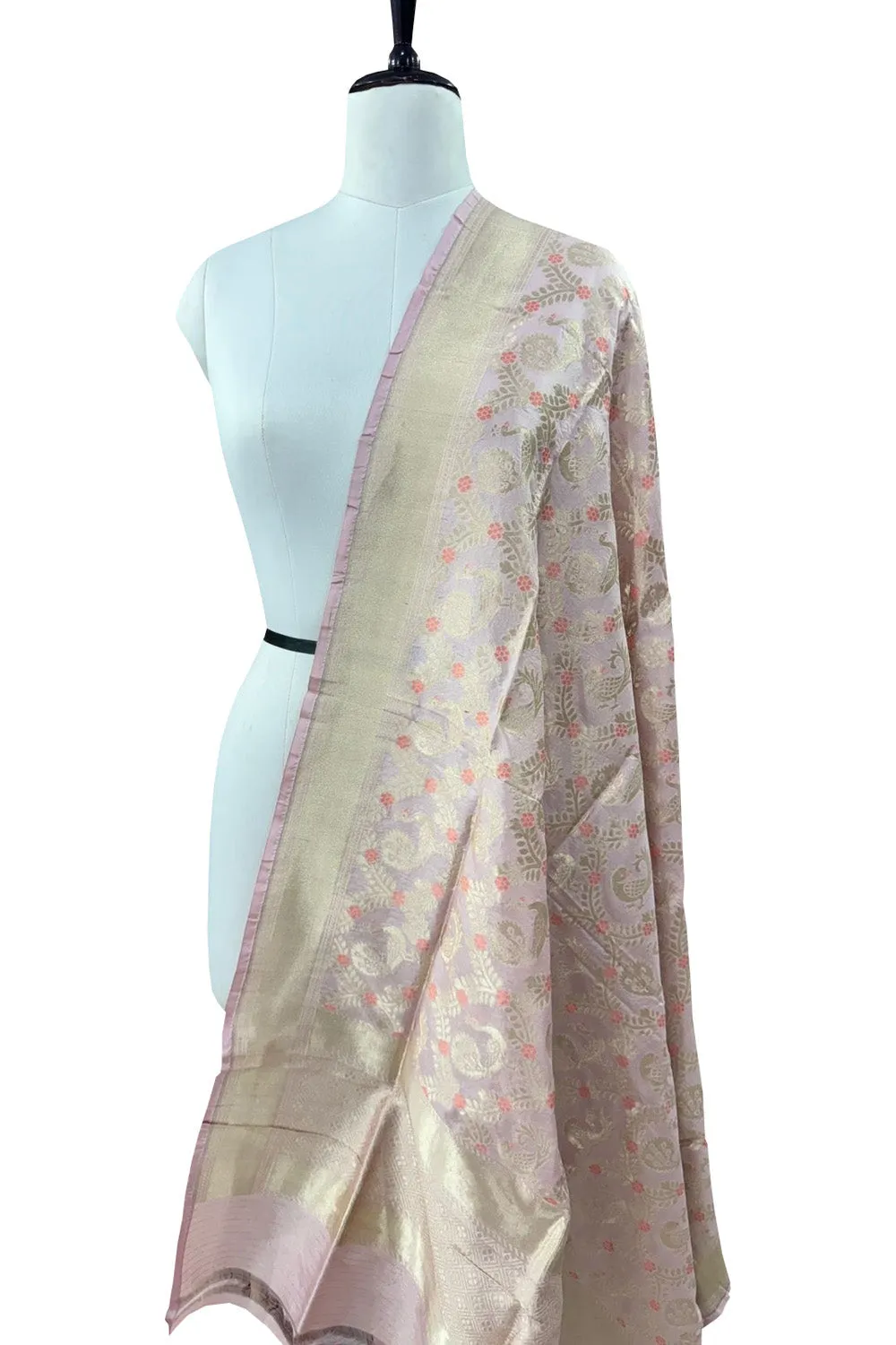 Graceful Pink Banarasi Silk Dupatta - Handloom Katan