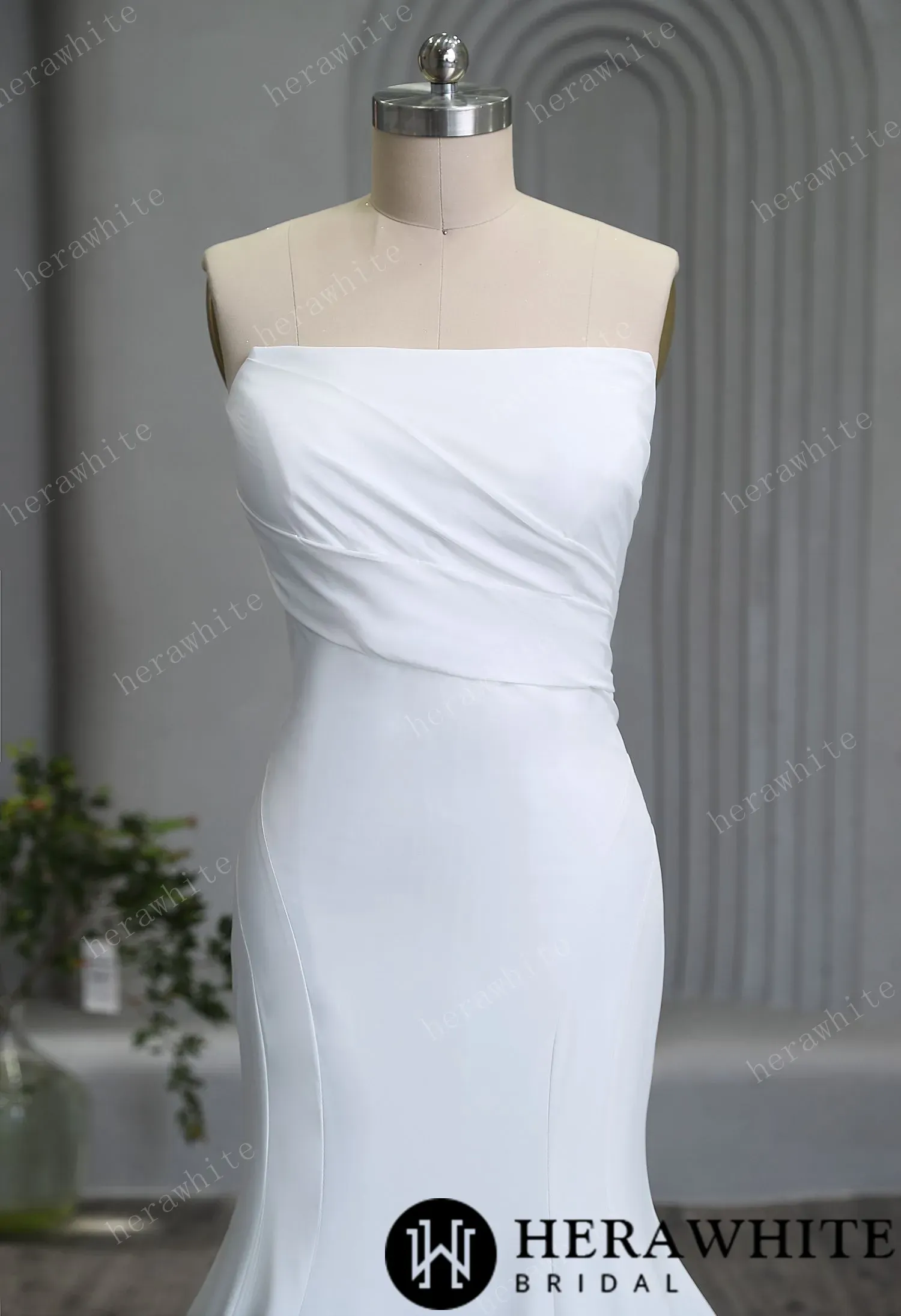 Graceful Strapless Pleated Crepe Wedding Gown