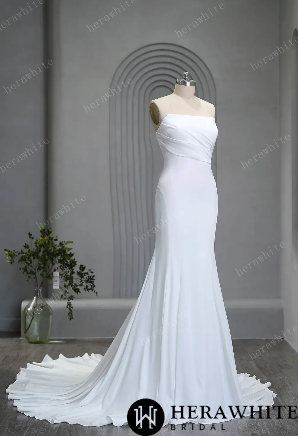 Graceful Strapless Pleated Crepe Wedding Gown