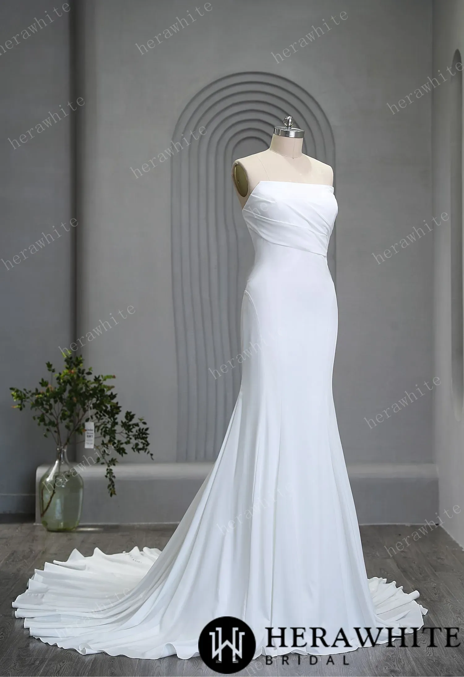 Graceful Strapless Pleated Crepe Wedding Gown