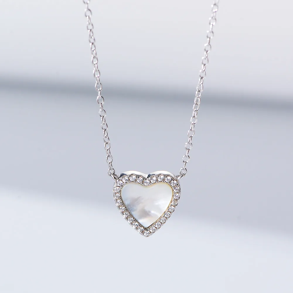Heart-shaped Mother of Pearl with Zircon Pendant Silver Necklace for Women
