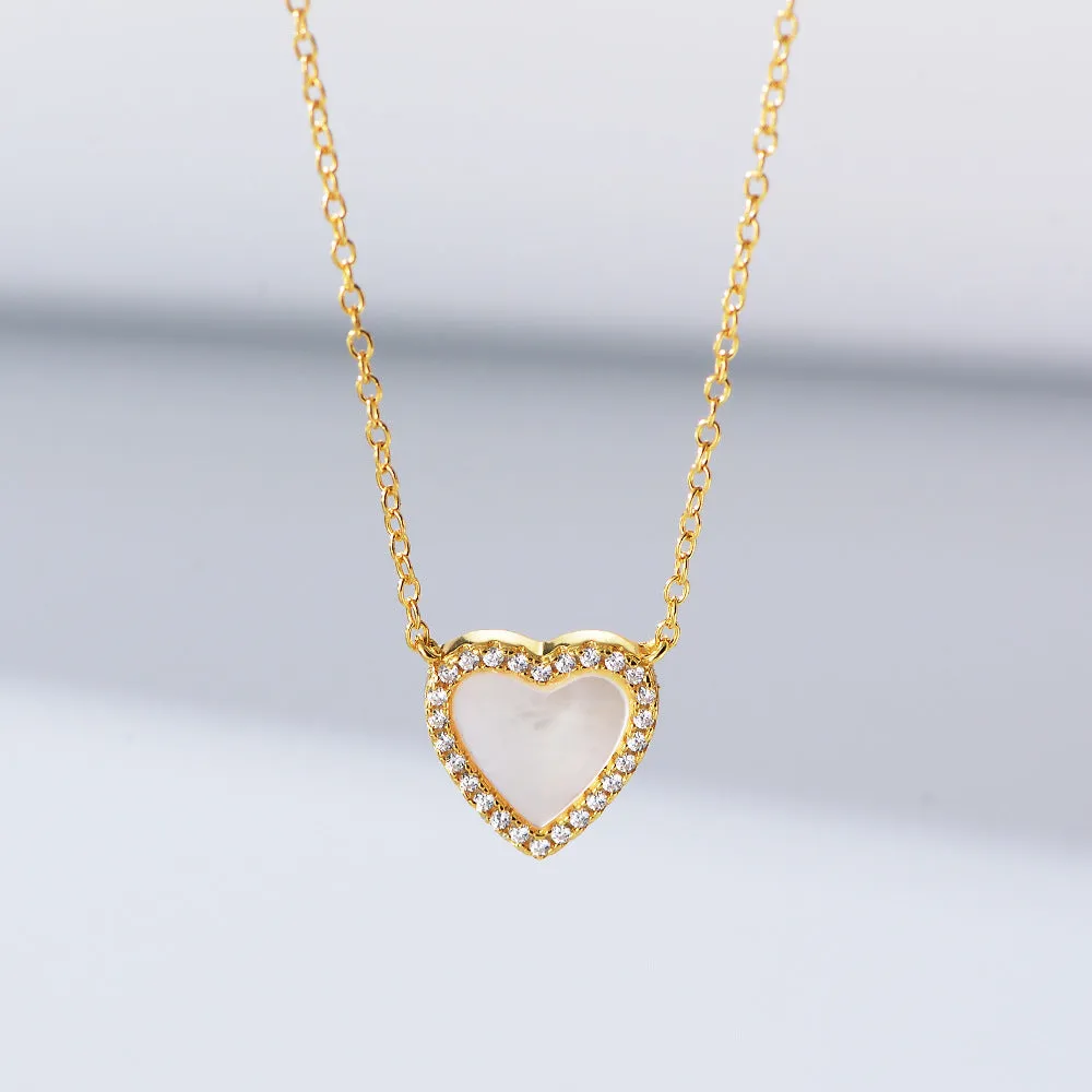 Heart-shaped Mother of Pearl with Zircon Pendant Silver Necklace for Women