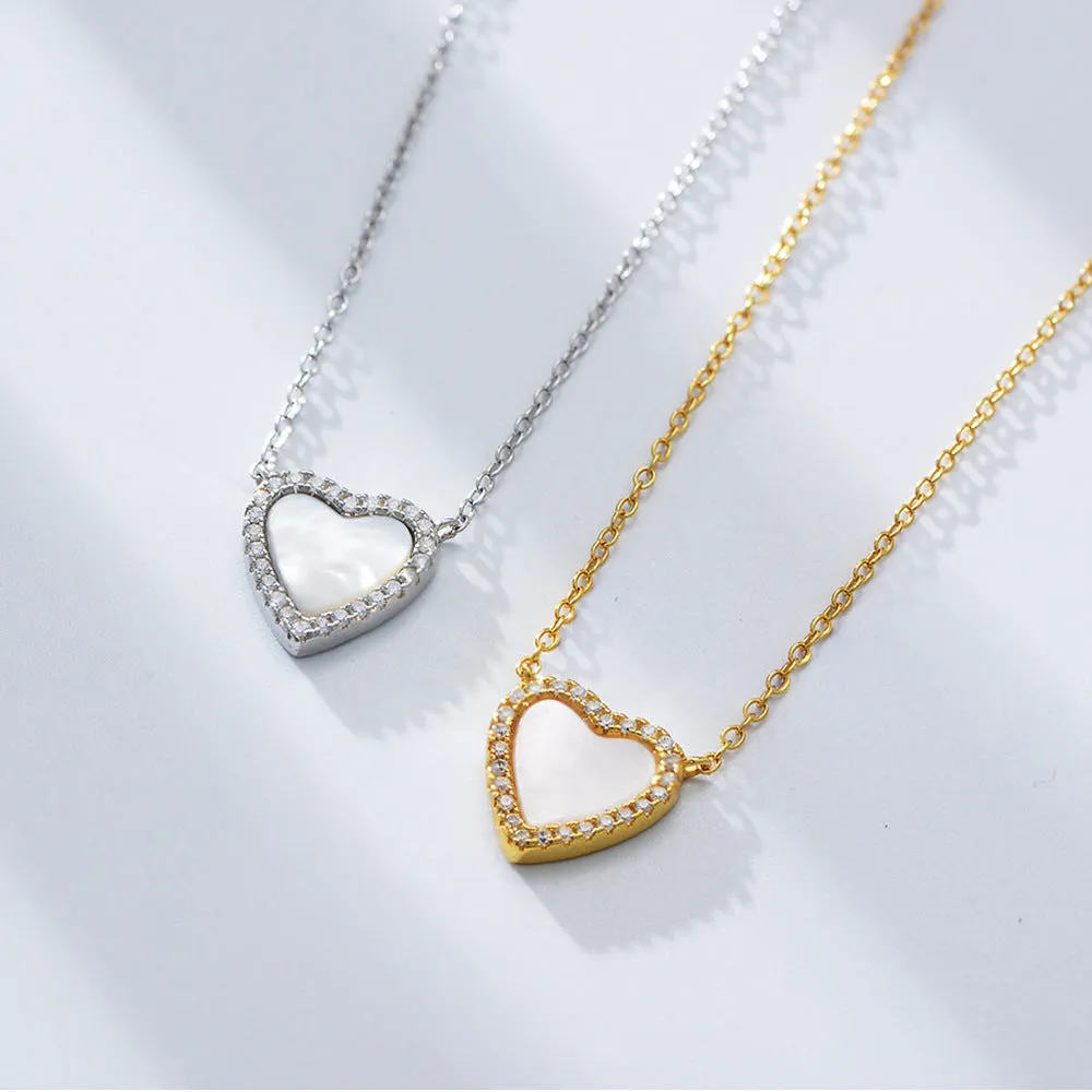 Heart-shaped Mother of Pearl with Zircon Pendant Silver Necklace for Women