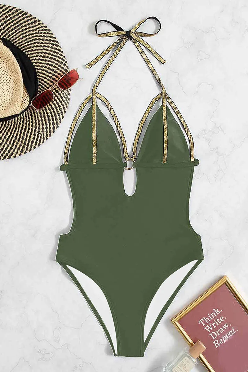 Hit Color Patchwork Cutout Striking Halter Collar One Piece Swimwear