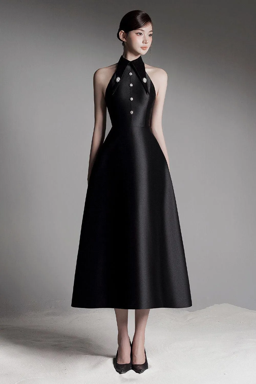 Hypatia A-line Collared Neck Taffeta Midi Dress