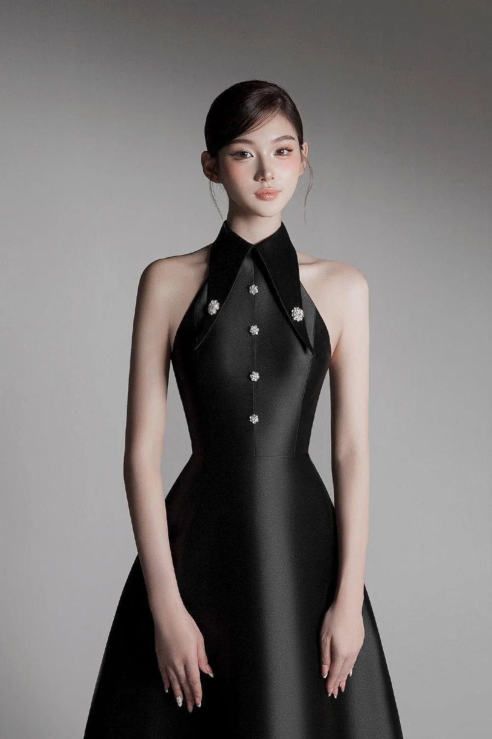 Hypatia A-line Collared Neck Taffeta Midi Dress