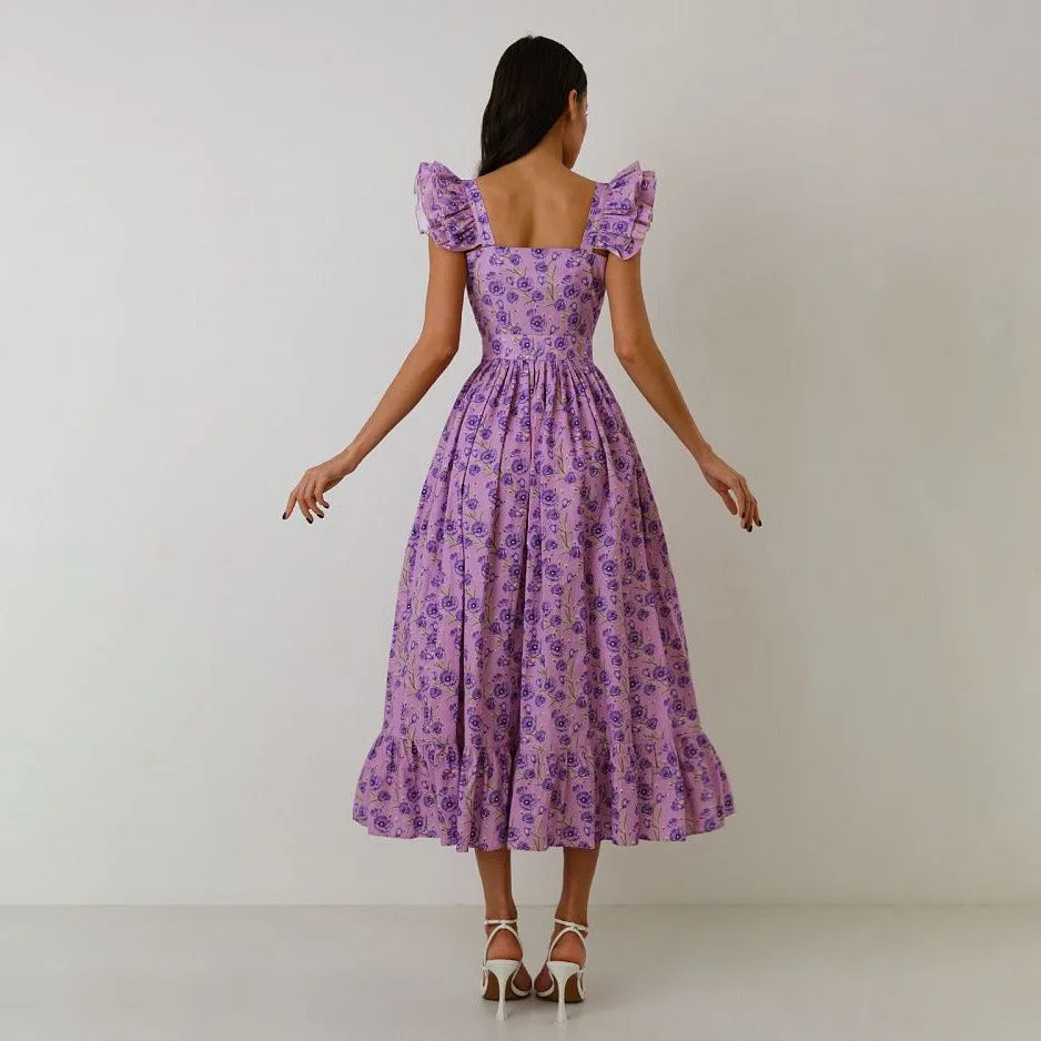 IKEARLAX Fashion  Square Collar Floral Dress Waist Slimming Seaside Holiday Puff Sleeve Dress  Cross Border Hot Sale