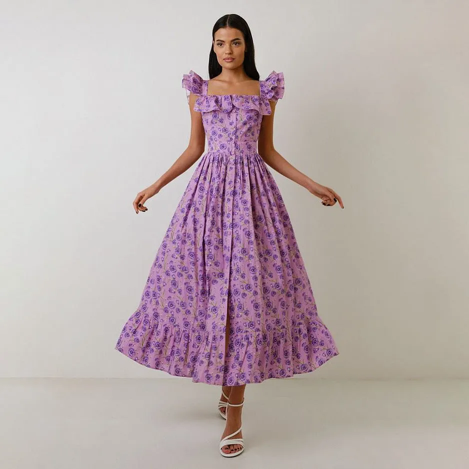 IKEARLAX Fashion  Square Collar Floral Dress Waist Slimming Seaside Holiday Puff Sleeve Dress  Cross Border Hot Sale