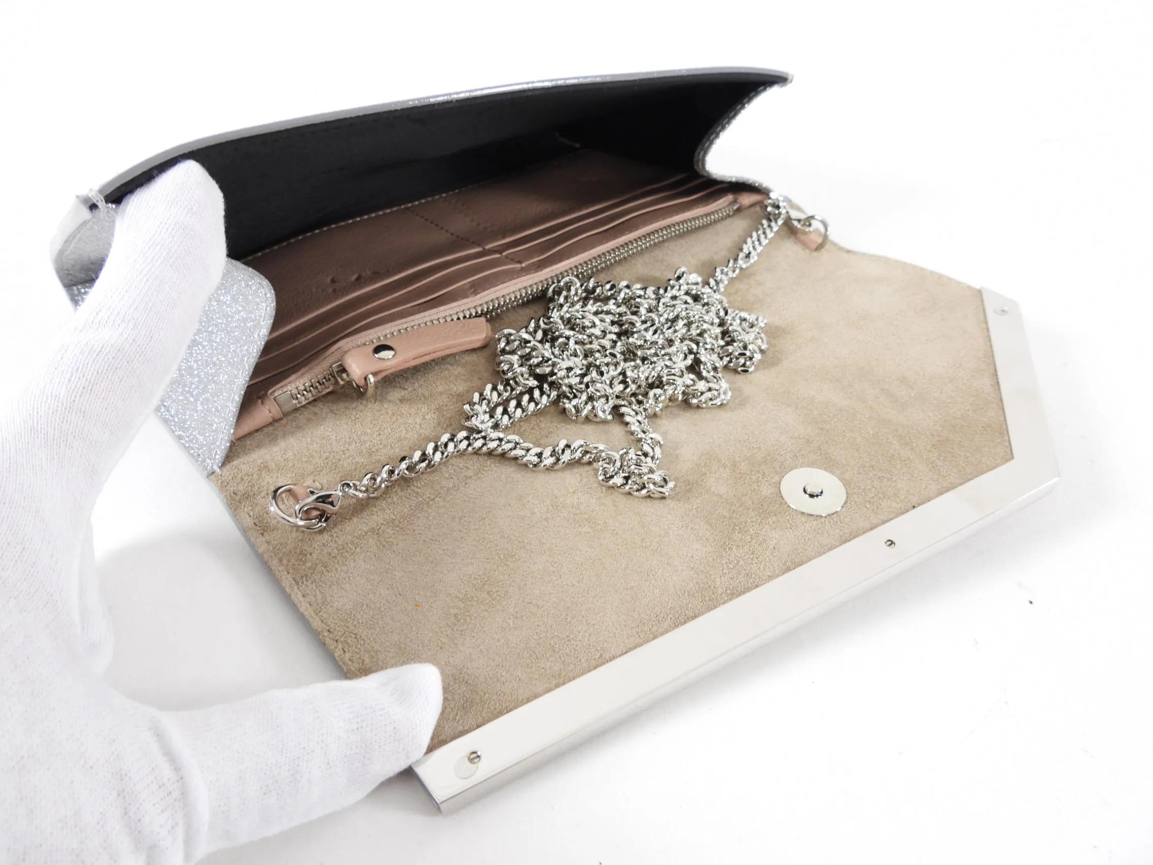 Jimmy Choo Emmie Silver Glitter Evening Clutch Bag